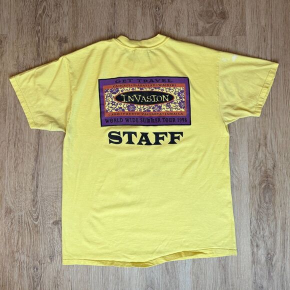 Vintage Hanes Invasion Tour 1998 Staff T-Shirt Yellow XL Graphic Concert Tee - Picture 2 of 6